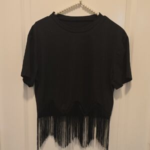 Elegant Black Fringe Hem Crop Top